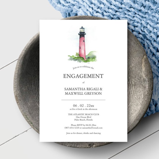 Invitaciones a la fiesta de compromiso del faro co (Online engagement invitations feature unique nautical lighthouse art by Victoria Grigaliunas)