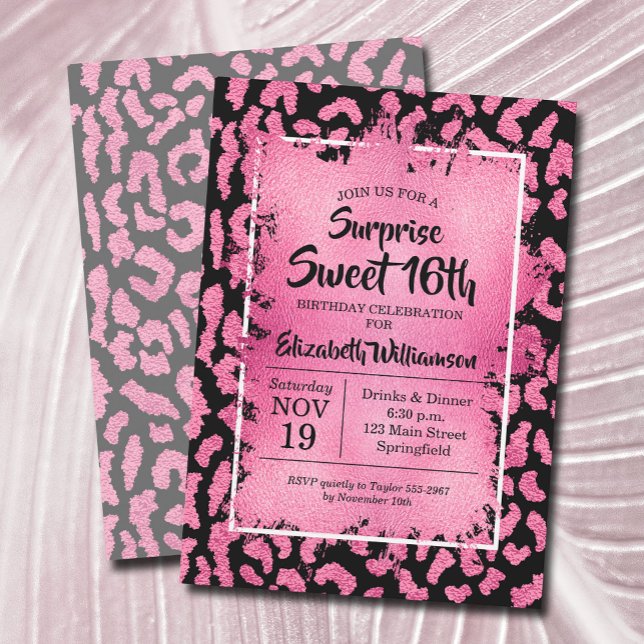 Invitaciones a la fiesta de cumpleaños 16 de Pink  (Pink and black leopard surprise 16th birthday party invitations, PRINTED and/or INSTANT DOWNLOAD)