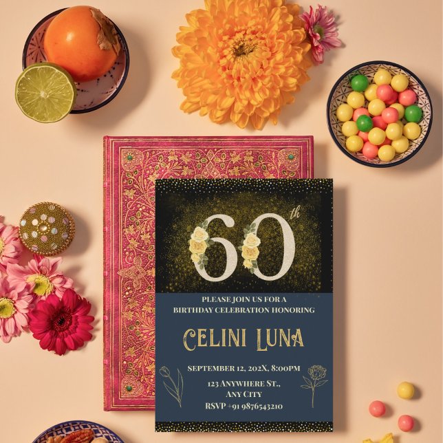 Invitaciones a la fiesta de cumpleaños 61-69 de Go (Gold & Black 60th Birthday Invitations)