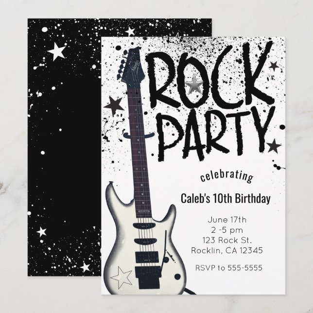 Invitaciones a la fiesta de cumpleaños con guitarr (Anverso / Reverso)