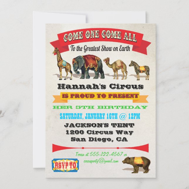 Invitaciones a la fiesta de cumpleaños de animales (Anverso)