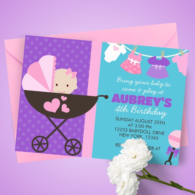 Invitaciones a la fiesta de cumpleaños de Baby Dol (Baby Doll Birthday Party Invites in shades of pink, purple and a beautiful caribbean teal blue)