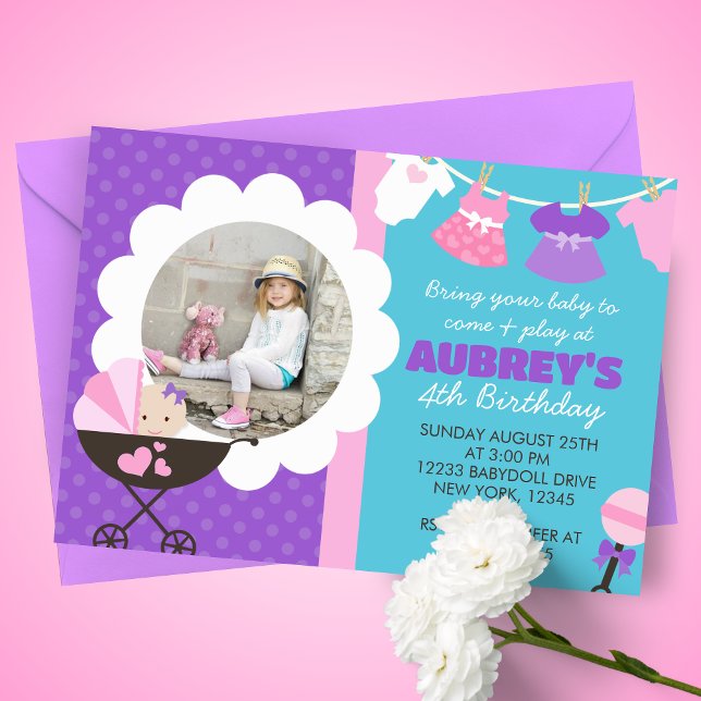 Invitaciones a la fiesta de cumpleaños de Baby Dol (Baby Doll 1 Picture Birthday Party Invitations. Available printed or digital download)