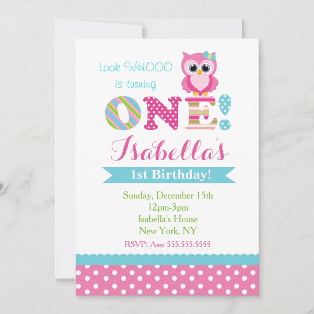 Invitaciones a la fiesta de cumpleaños de búho par (Anverso)