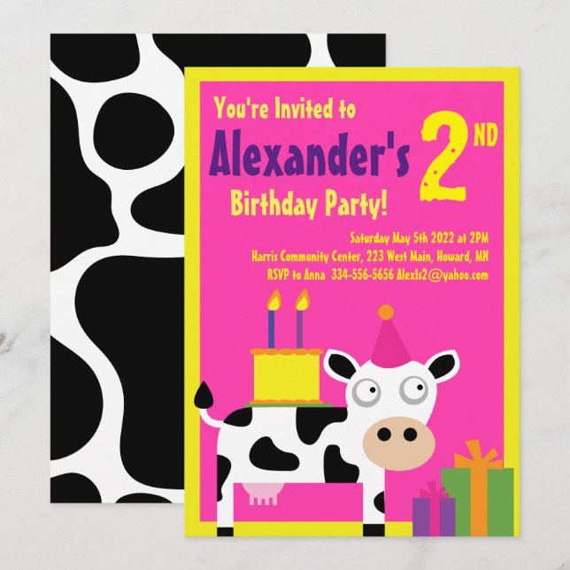 Invitaciones a la fiesta de cumpleaños de Cow Anim (Anverso / Reverso)