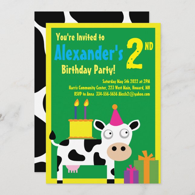 Invitaciones a la fiesta de cumpleaños de Cow Anim (Anverso / Reverso)