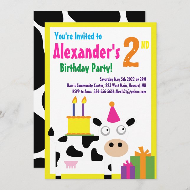 Invitaciones a la fiesta de cumpleaños de Cow Anim (Anverso / Reverso)