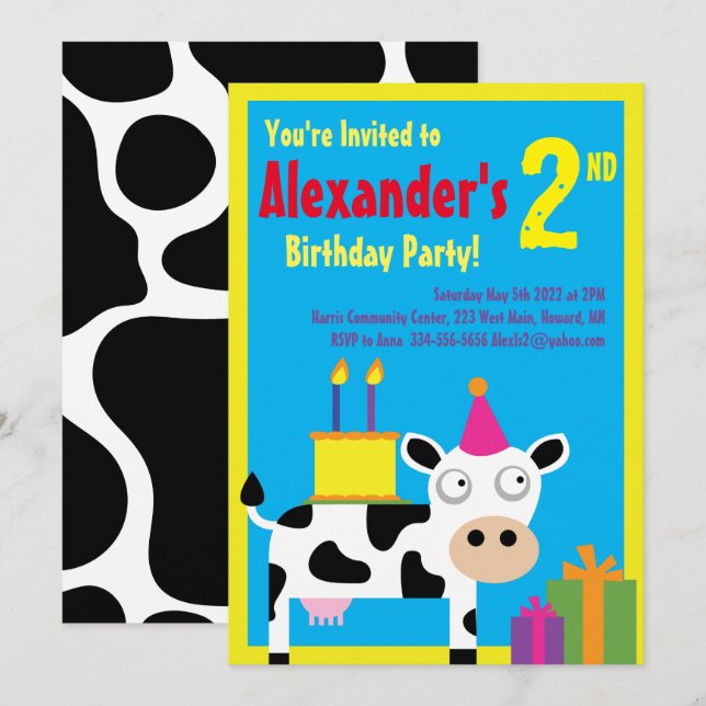 Invitaciones a la fiesta de cumpleaños de Cow Anim (Anverso / Reverso)