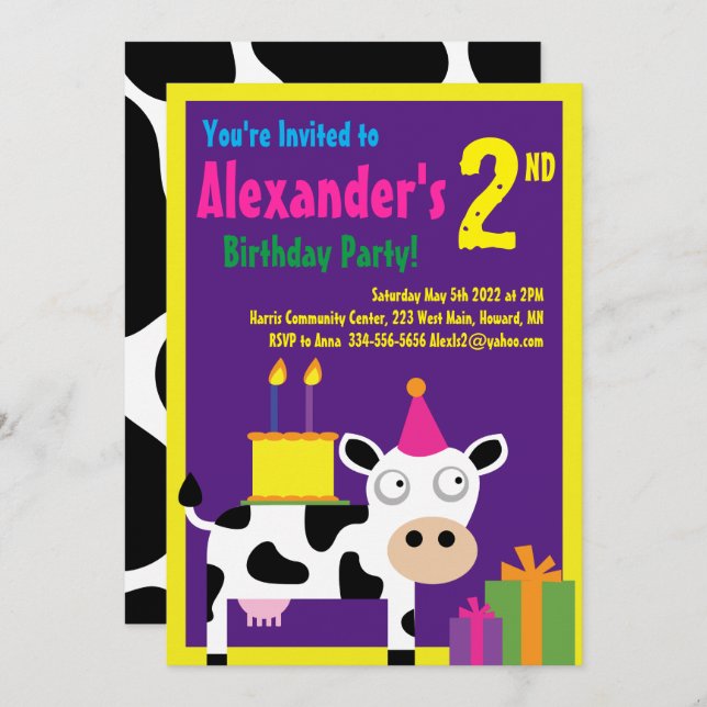 Invitaciones a la fiesta de cumpleaños de Cow Anim (Anverso / Reverso)