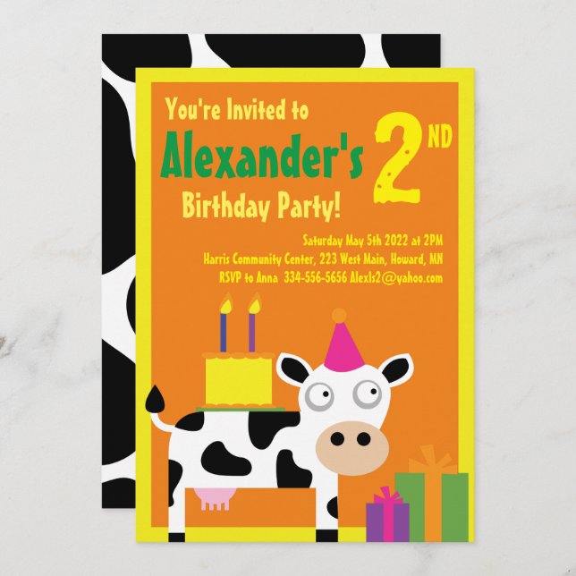 Invitaciones a la fiesta de cumpleaños de Cow Anim (Anverso / Reverso)