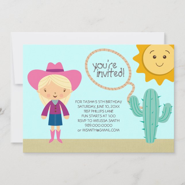Invitaciones a la fiesta de cumpleaños de Cowgirl (Anverso)