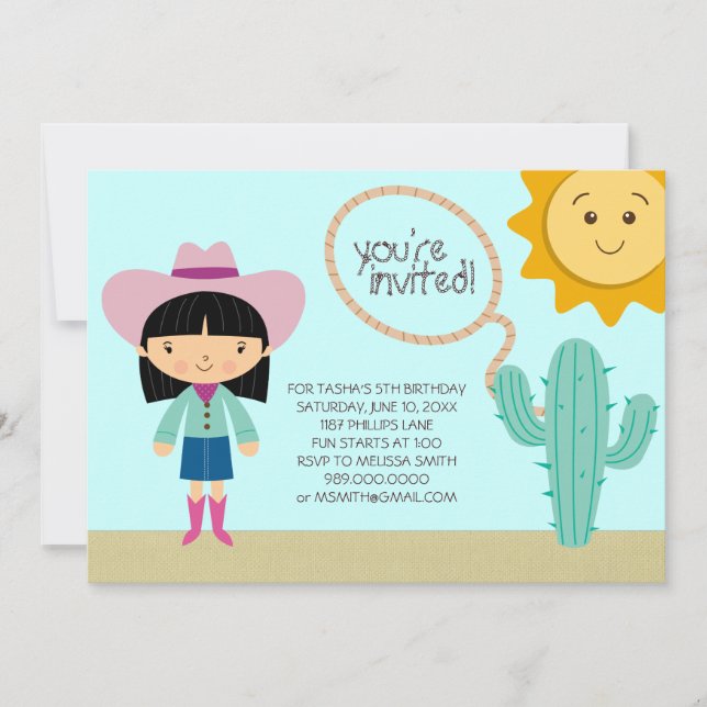 Invitaciones a la fiesta de cumpleaños de Cowgirl (Anverso)