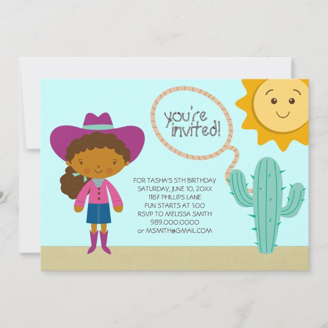 Invitaciones a la fiesta de cumpleaños de Cowgirl (Anverso)