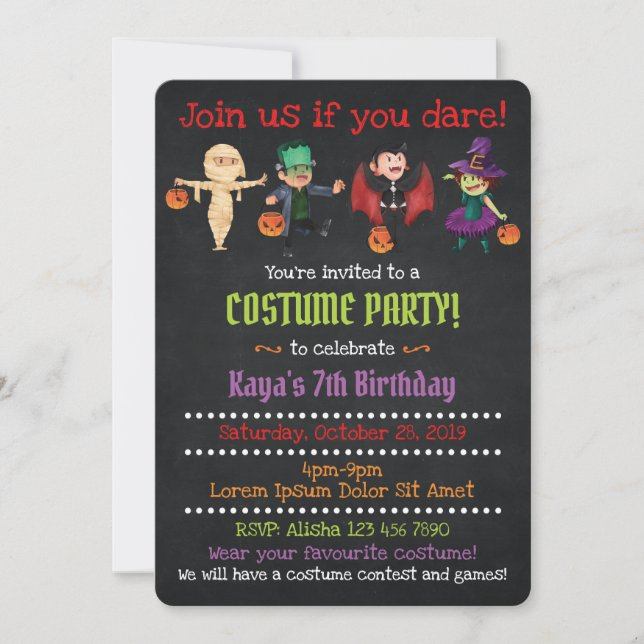 Invitaciones a la fiesta de cumpleaños de disfrace (Anverso)