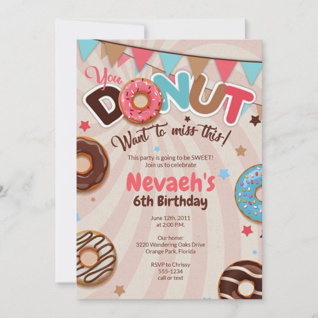 Invitaciones a la fiesta de cumpleaños de Donut (Anverso)