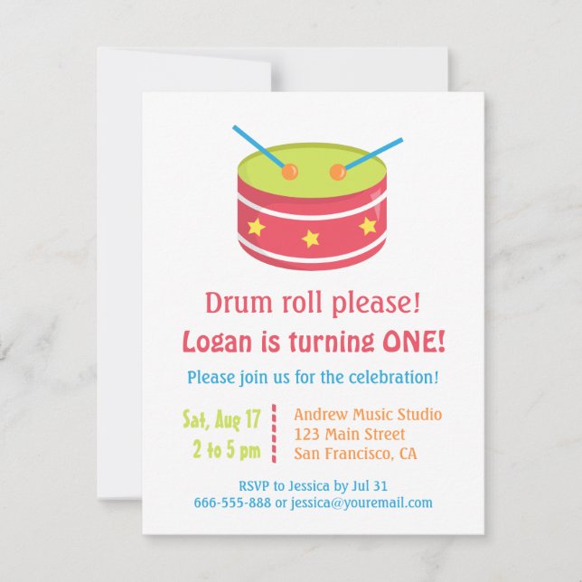 Invitaciones a la fiesta de cumpleaños de Drum Rol (Anverso)