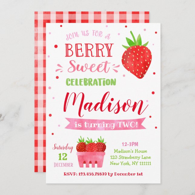 Invitaciones a la fiesta de cumpleaños de fresa (Anverso / Reverso)