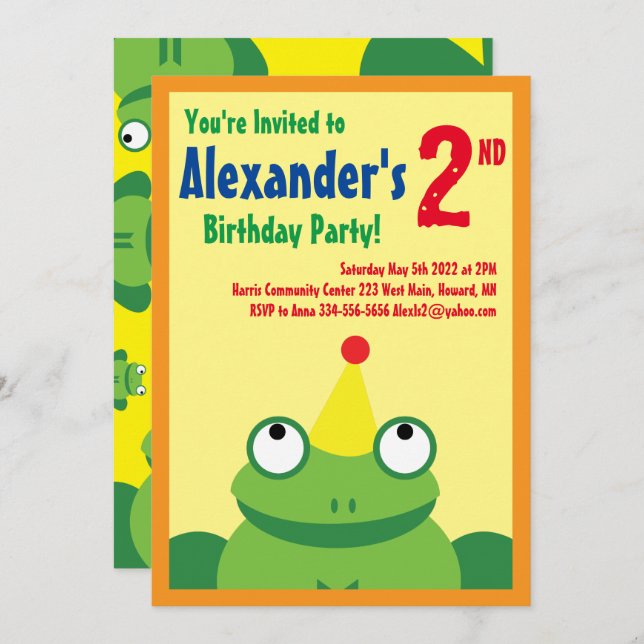 Invitaciones a la fiesta de cumpleaños de Frog Ani (Anverso / Reverso)
