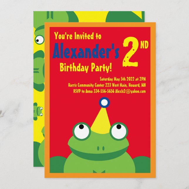 Invitaciones a la fiesta de cumpleaños de Frog Ani (Anverso / Reverso)