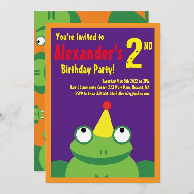 Invitaciones a la fiesta de cumpleaños de Frog Ani (Anverso / Reverso)