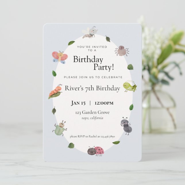 Invitaciones a la fiesta de cumpleaños de insectos (Anverso de pie)