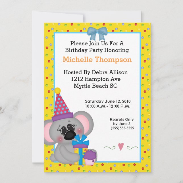Invitaciones a la fiesta de cumpleaños de Koala (Anverso)