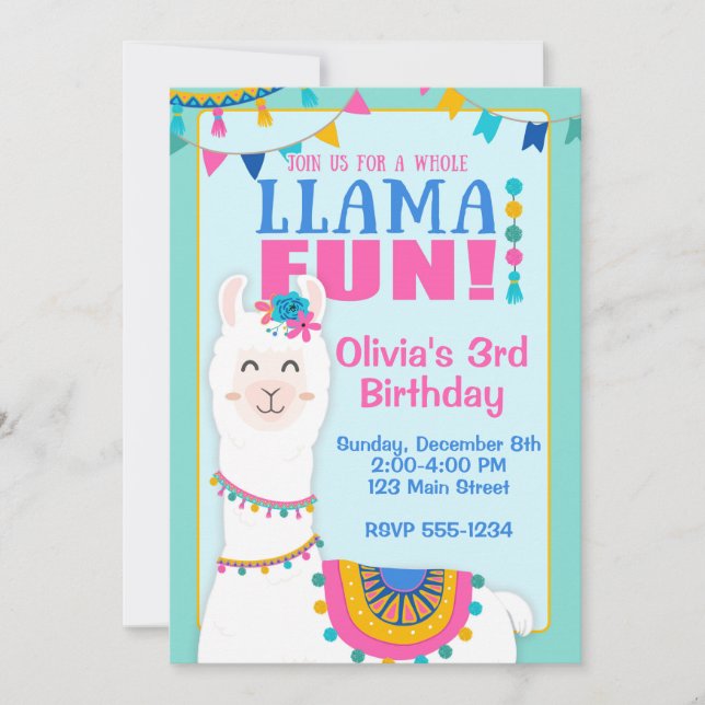 Invitaciones a la fiesta de cumpleaños de Llama (Anverso)
