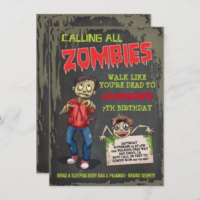 Invitaciones a la fiesta de cumpleaños de los zomb (Anverso / Reverso)