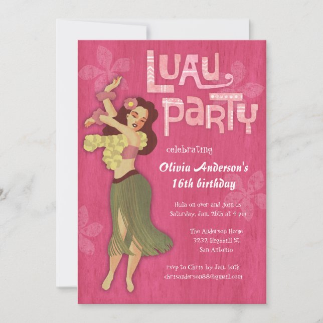 Invitaciones a la fiesta de cumpleaños de Luau Ros (Anverso)