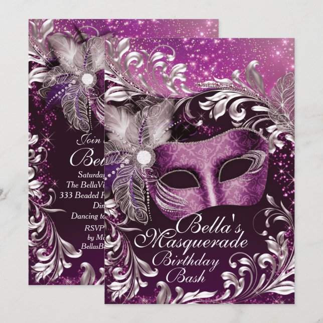Invitaciones a la fiesta de cumpleaños de mascarad (Anverso / Reverso)