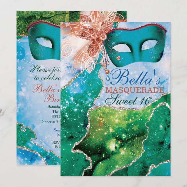Invitaciones a la fiesta de cumpleaños de mascarad (Anverso / Reverso)