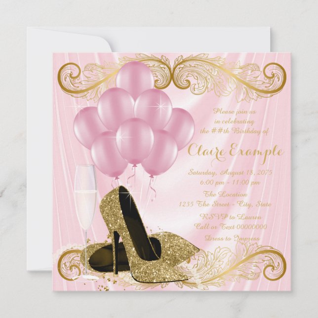 Invitaciones a la fiesta de cumpleaños de oro rosa (Anverso)