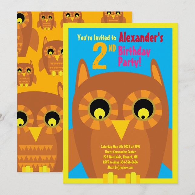 Invitaciones a la fiesta de cumpleaños de Owl Anim (Anverso / Reverso)