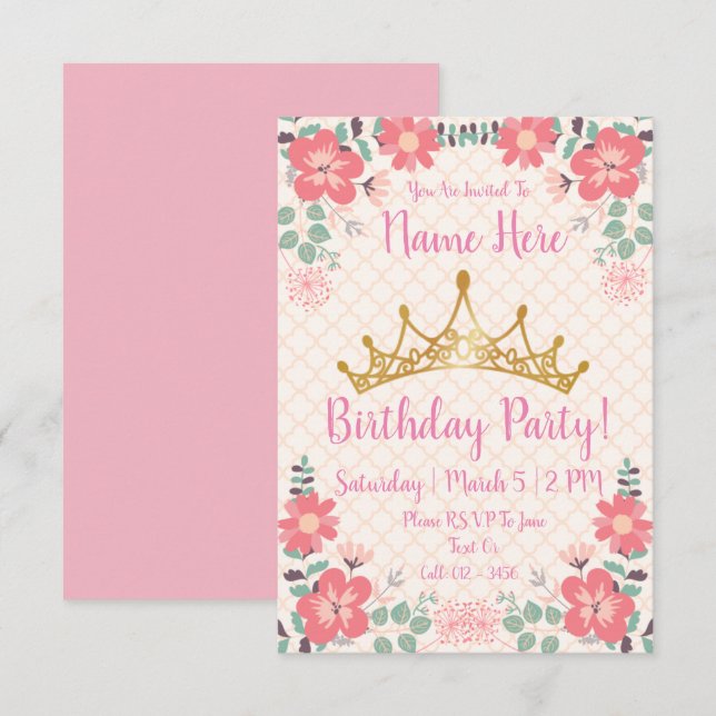 Invitaciones a la fiesta de cumpleaños de Princess (Anverso / Reverso)