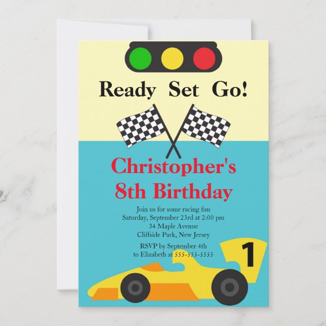 Invitaciones a la fiesta de cumpleaños de Race Car (Anverso)