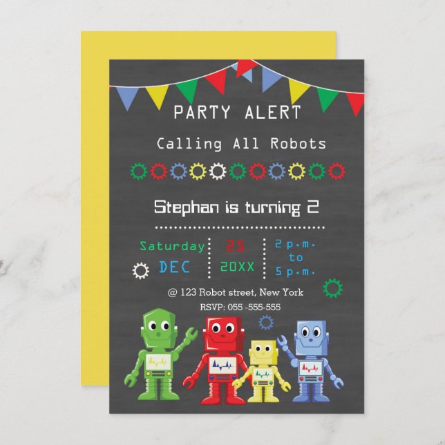 Invitaciones a la fiesta de cumpleaños de Robots (Anverso / Reverso)
