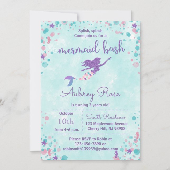 Invitaciones a la fiesta de cumpleaños de Sirena - (Anverso)