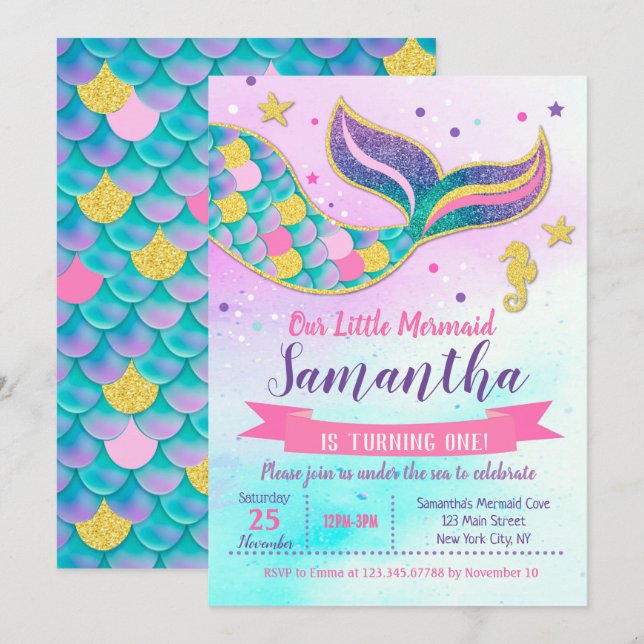 Invitaciones a la fiesta de cumpleaños de Sirena (Anverso / Reverso)