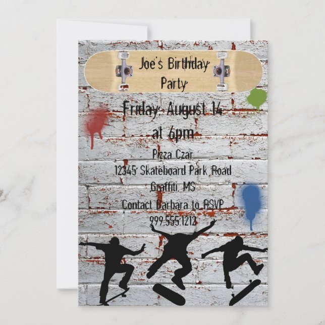 Invitaciones a la fiesta de cumpleaños de skateboa (Anverso)