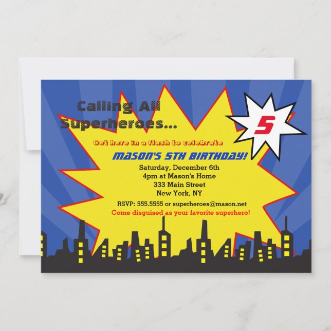 Invitaciones a la fiesta de cumpleaños de superhér (Anverso)