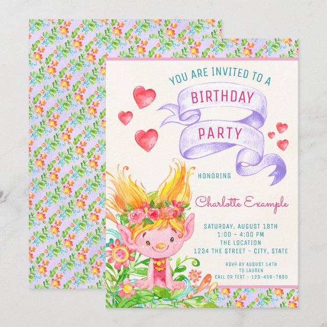 Invitaciones a la fiesta de cumpleaños de Troll (Anverso / Reverso)