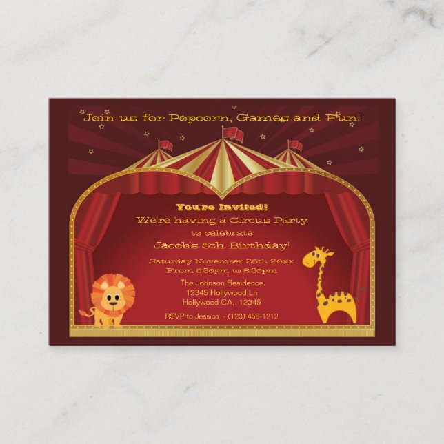 Invitaciones a la fiesta de cumpleaños de un circo (Anverso)