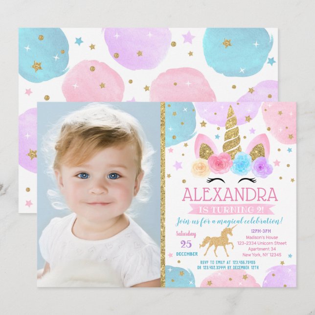 Invitaciones a la fiesta de cumpleaños de Unicorni (Anverso / Reverso)
