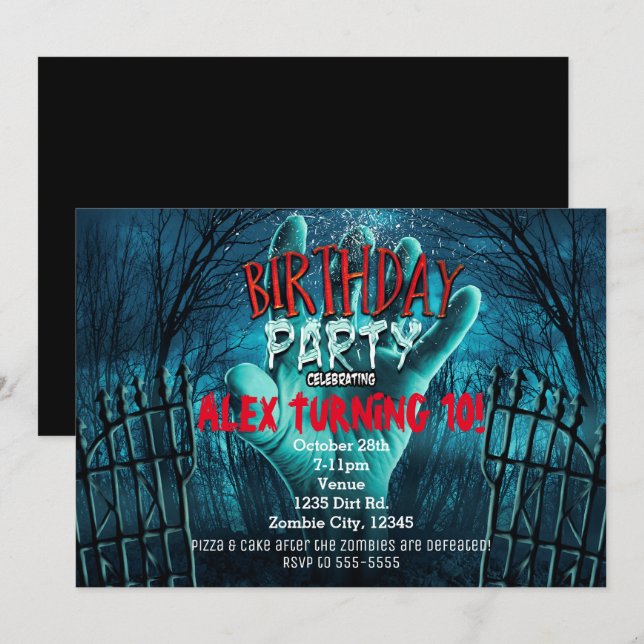 Invitaciones a la fiesta de cumpleaños de zombi (Anverso / Reverso)
