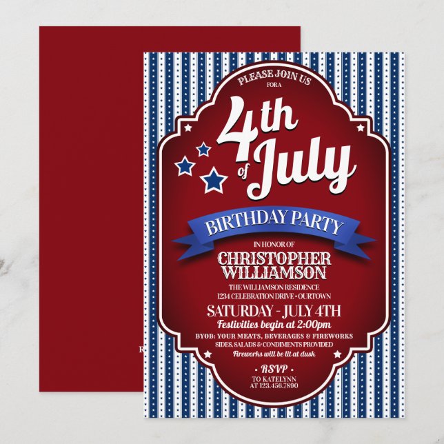 Invitaciones a la fiesta de cumpleaños del 4 de ju (Anverso / Reverso)