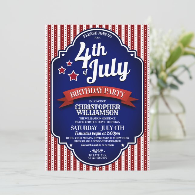 Invitaciones a la fiesta de cumpleaños del 4 de ju (Anverso de pie)