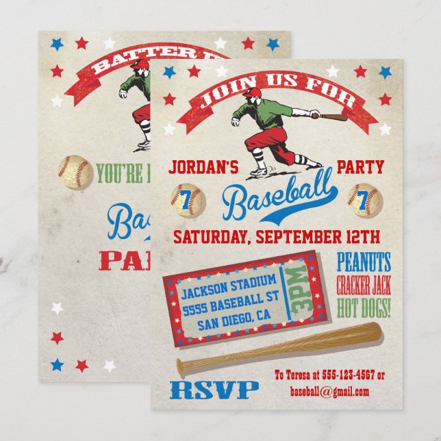 Invitaciones a la fiesta de cumpleaños del béisbol (Anverso / Reverso)