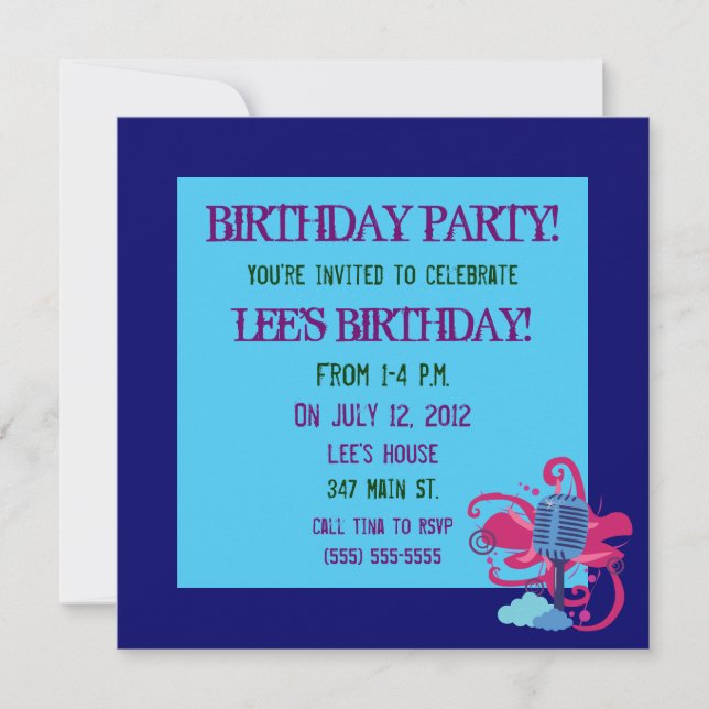 Invitaciones a la fiesta de cumpleaños del micrófo (Anverso)