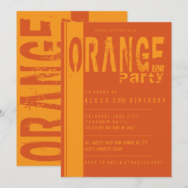 Invitaciones a la fiesta de cumpleaños del naranja (Anverso / Reverso)