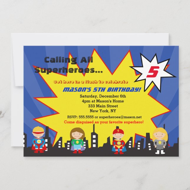 Invitaciones a la fiesta de cumpleaños del superhé (Anverso)